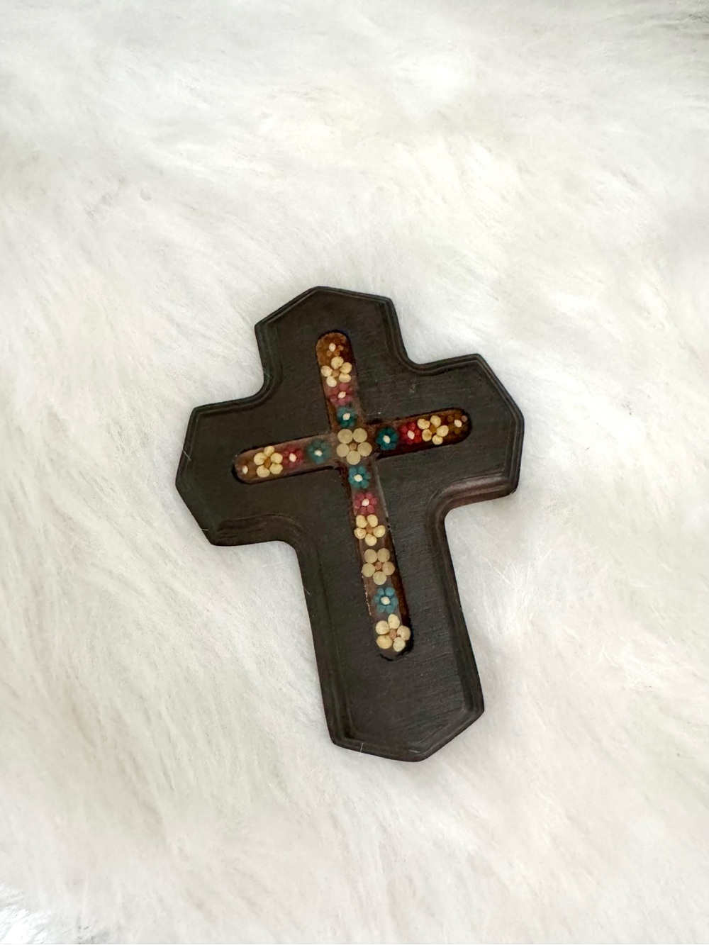 Wooden Cross with Floral Inlay